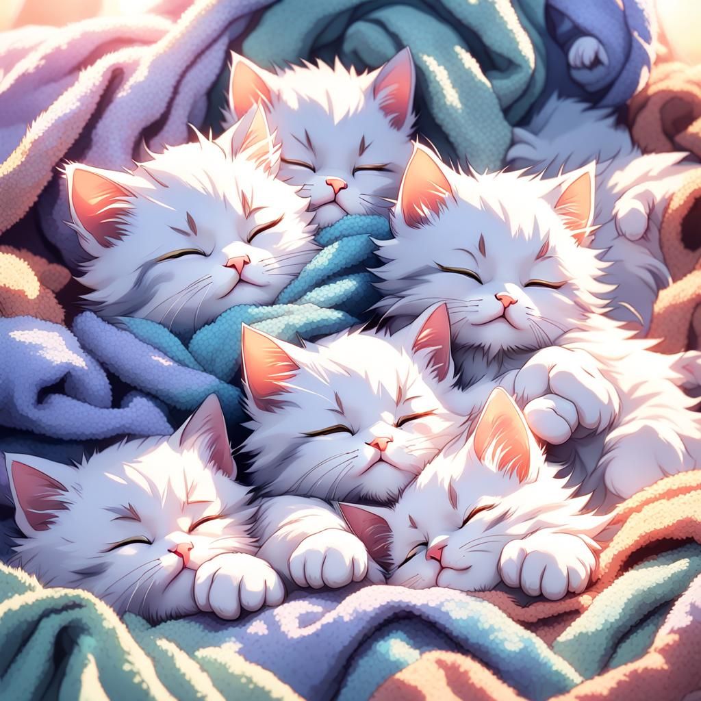 Kittens Napping: Soft Anime-Style 3D Render