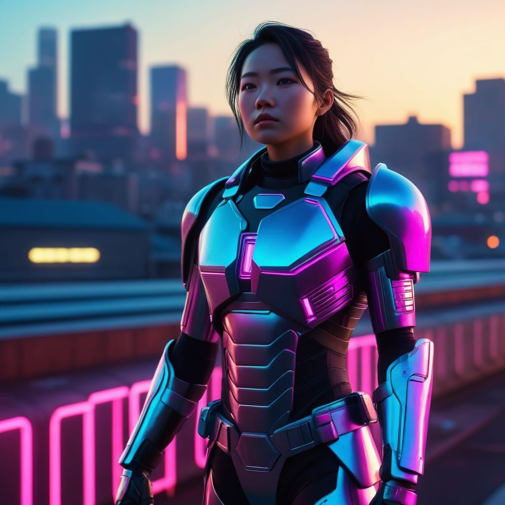 Japanese Superheroine in Neon-Futuristic Armor