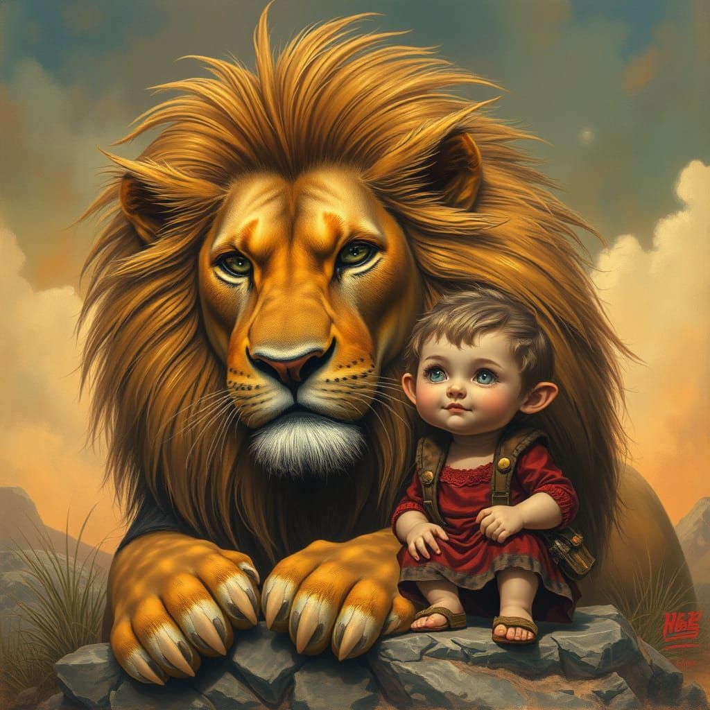 Lion and Child Friendship in Surreal, Rugged Landscape