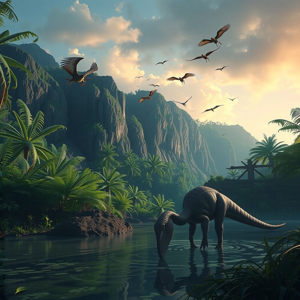 Dinosaur in Bioluminescent Prehistoric Forest: Fantasy Conce...
