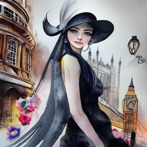 Watercolor Sketch of Woman on London Bridge