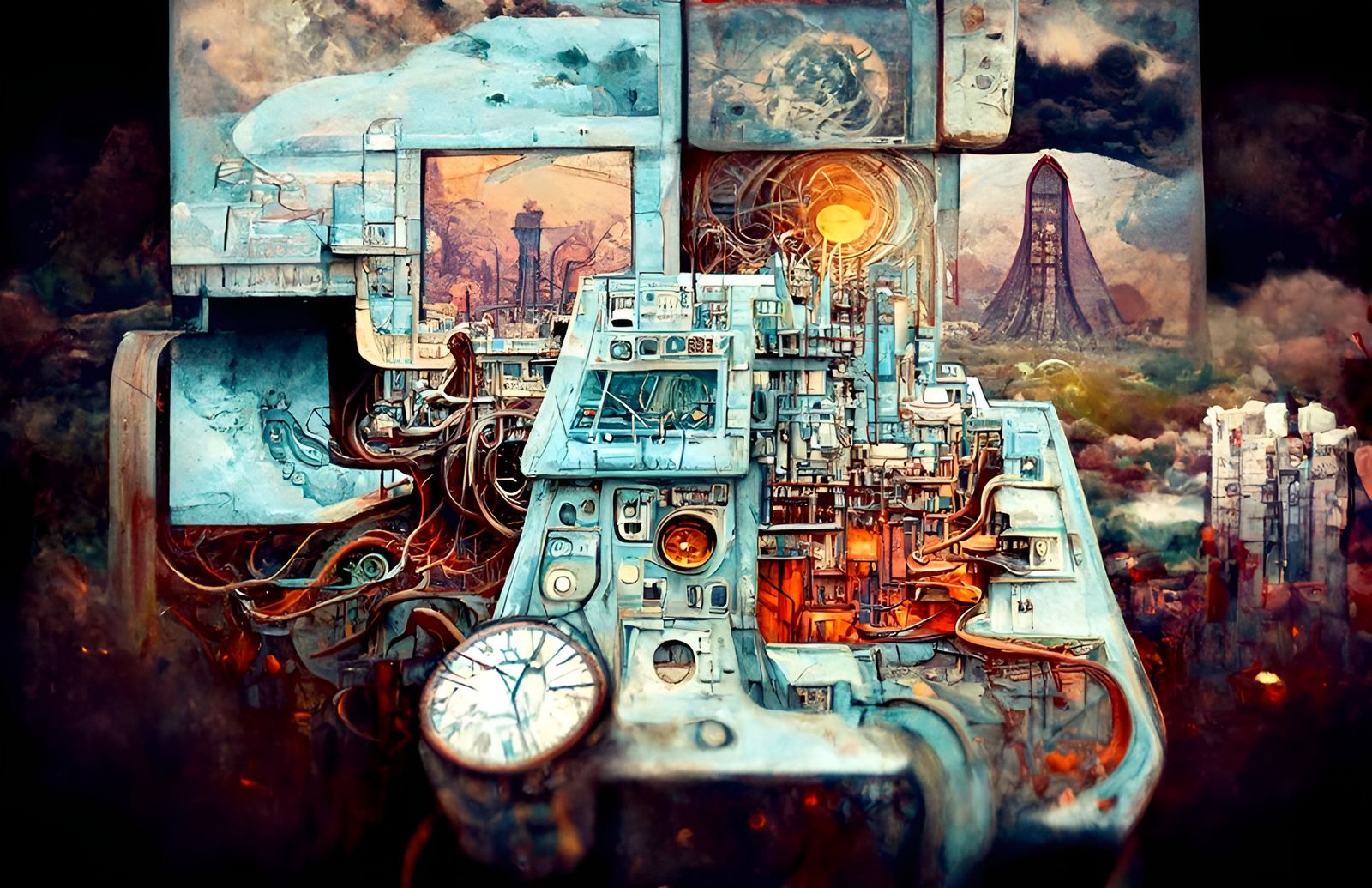 Surreal Nuclear Fantasy Landscape in Retro Synth-Wave Style