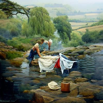 Linen Washing River Scene: Gurney Style Oil