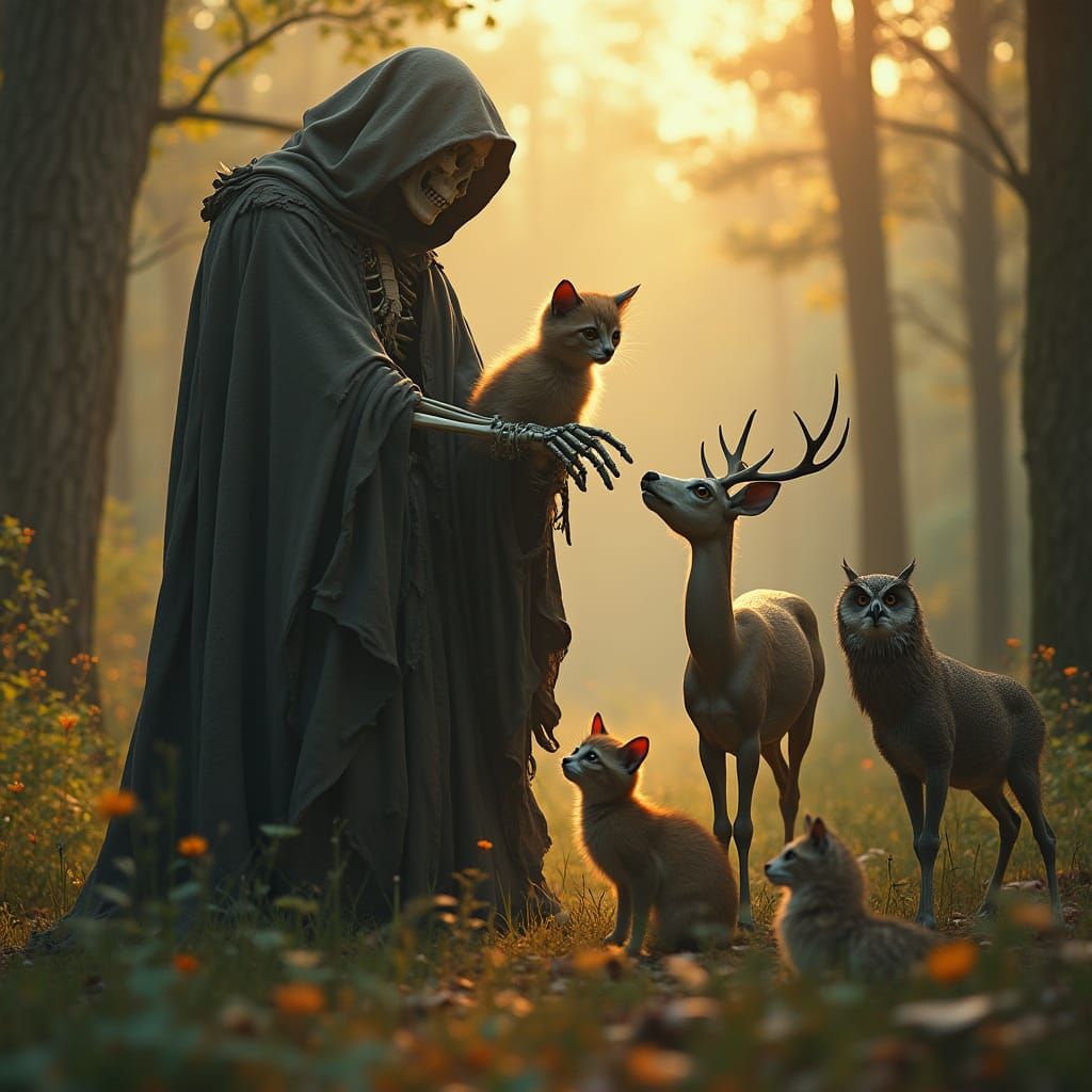 Skeletal Grim Reaper Surrounded by Adorable Animals in Golde...