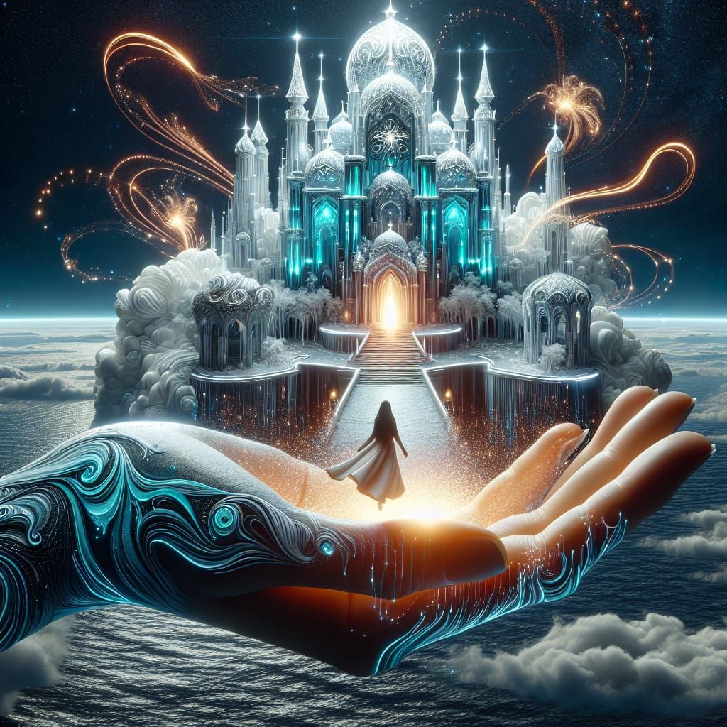 Cinematic Techno-Fantasy Castle on a Palm in a Celestial Nig...
