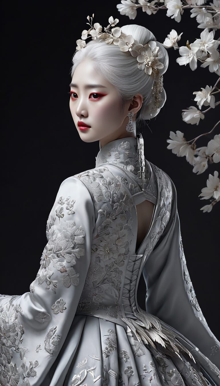 Monochrome Portrait with Red Accent, in Ethereal Style