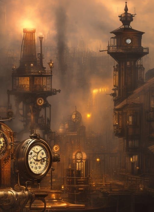 Steampunk Clockwork City in Detailed Matte Painting