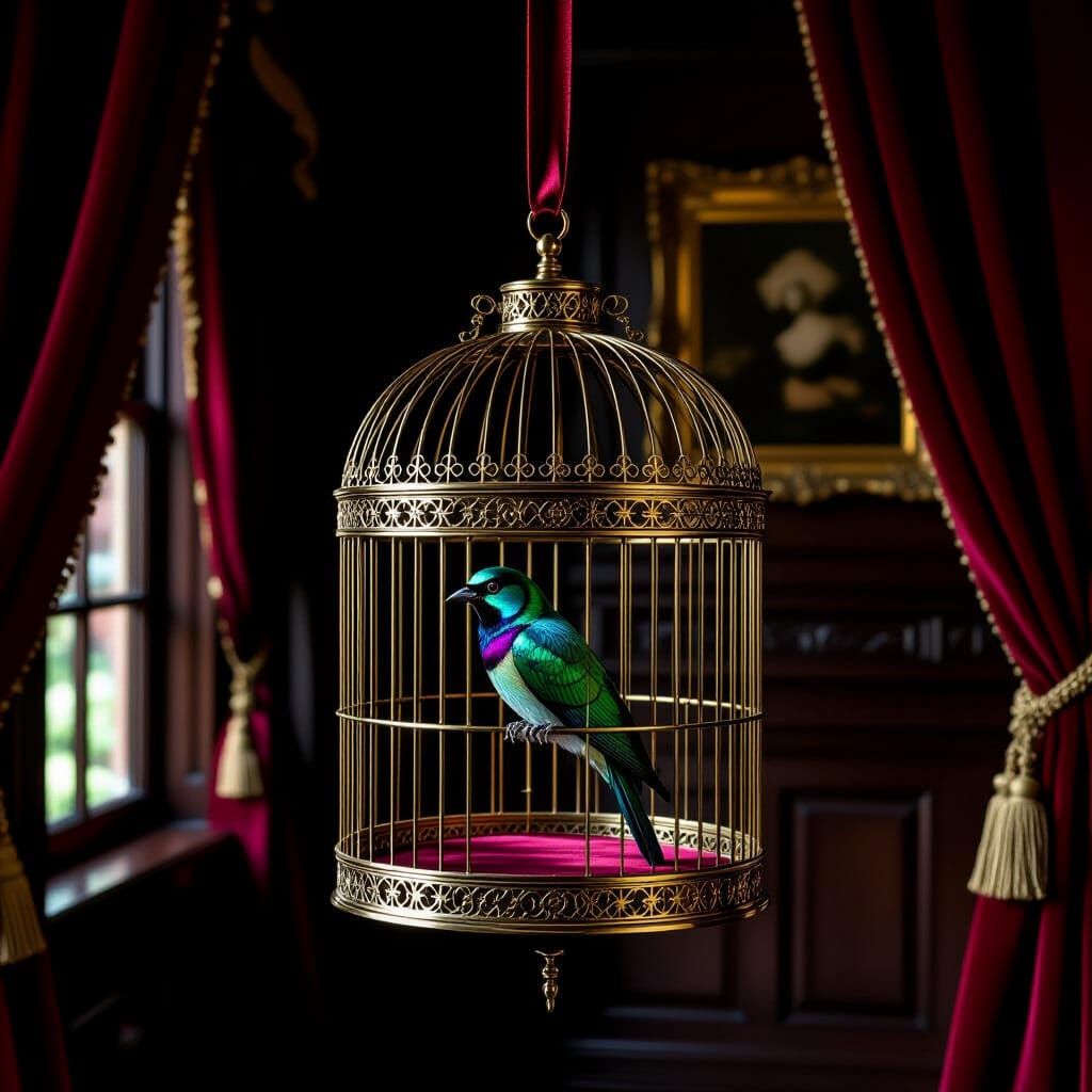 Antique Brass Birdcage in Victorian Parlor