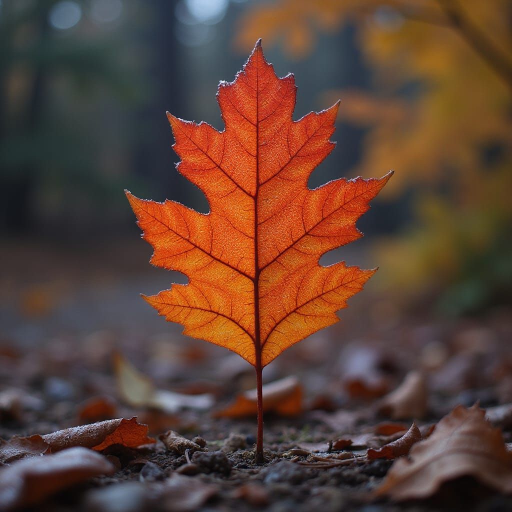 Perfect Red-Orange Oak Leaf in Autumnal Light