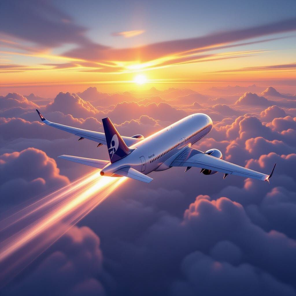 Sleek Silver Airplane at Sunset in Vivid Concept Art Style