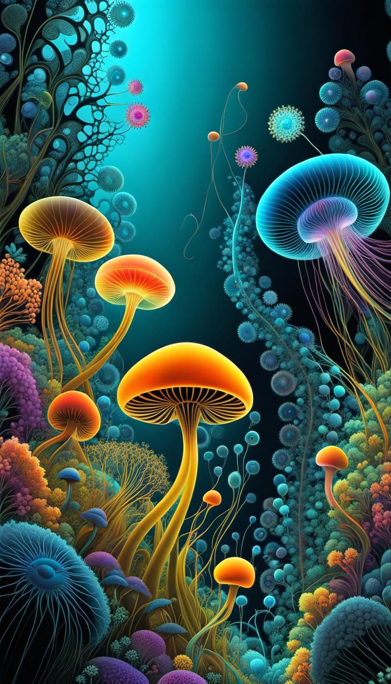 Bioluminescent Jellyfish Fungi in Fractal Forest