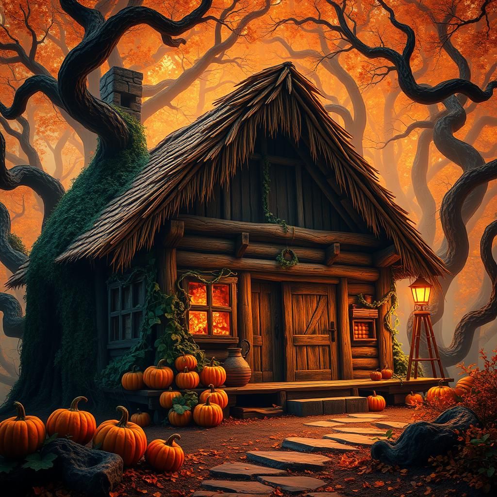 Pumpkin Vine Cabin in Glowing Forest, Art Nouveau