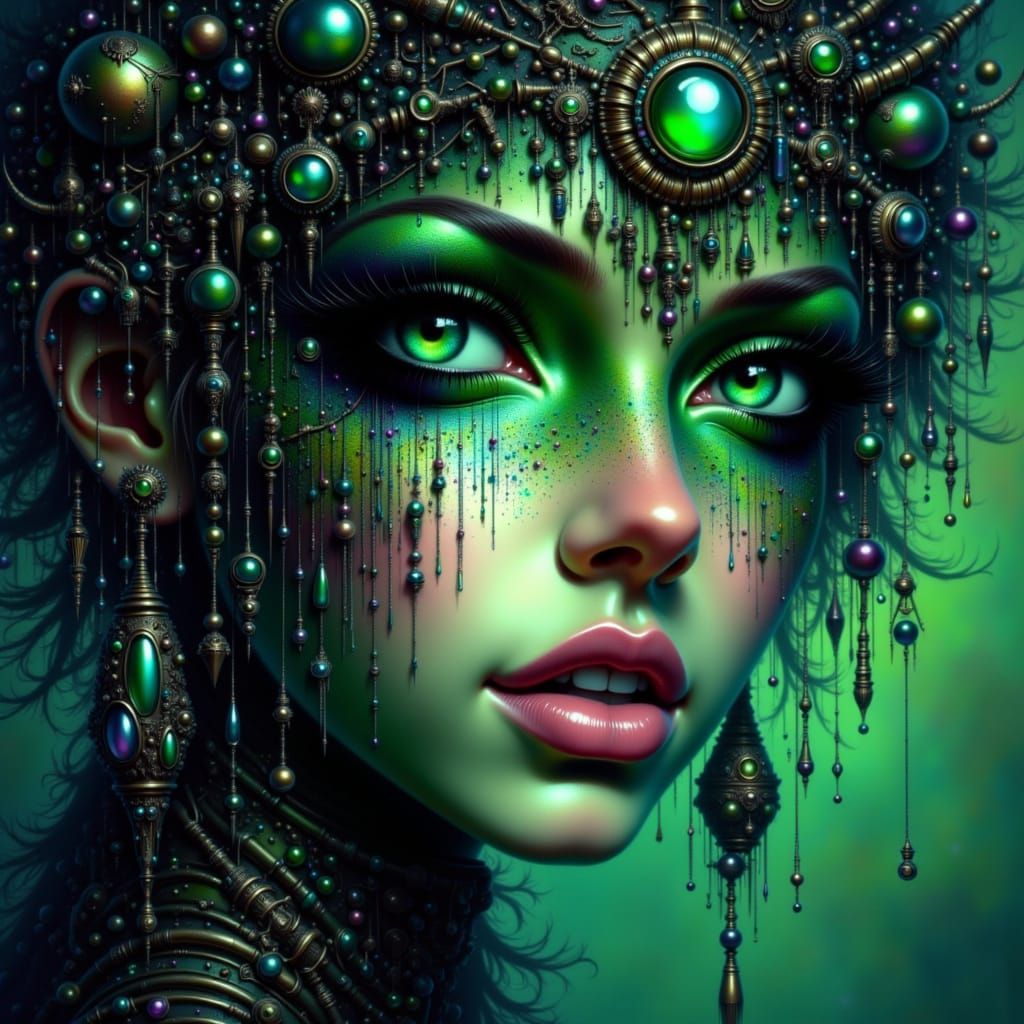 Mystical Woman with Black and Green Ink in Digital Painting