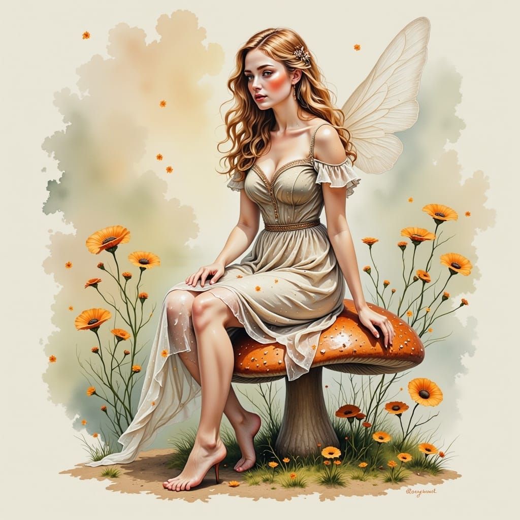 Attractive Fairy Woman on Mushroom, Watercolor Style