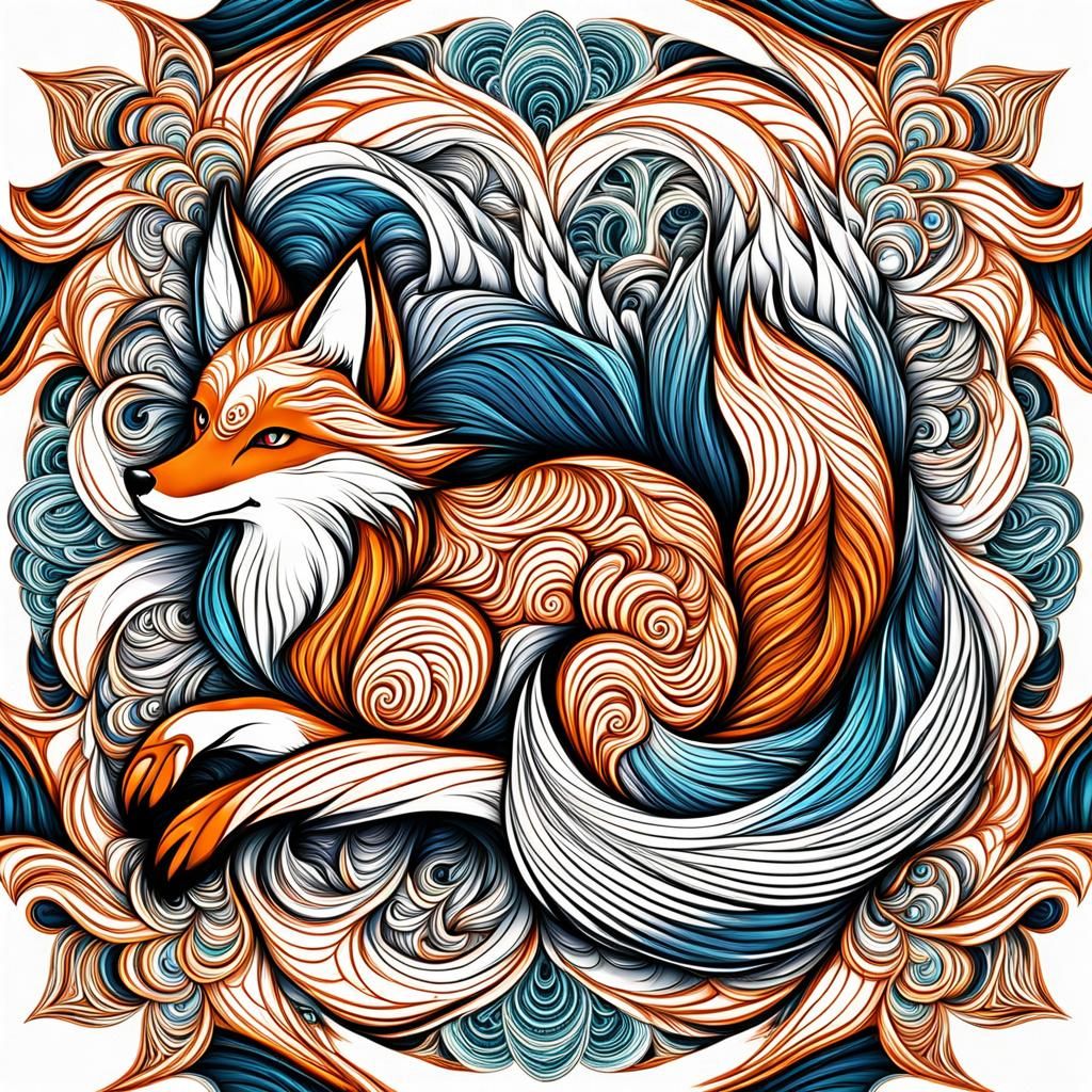 Nine-Tailed Fox with Tails Raised: Abstract Vector Art