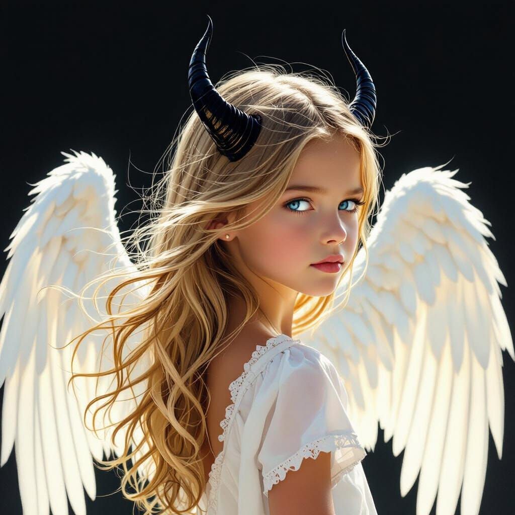 Ethereal Girl with Angel Wings and Devil Horns