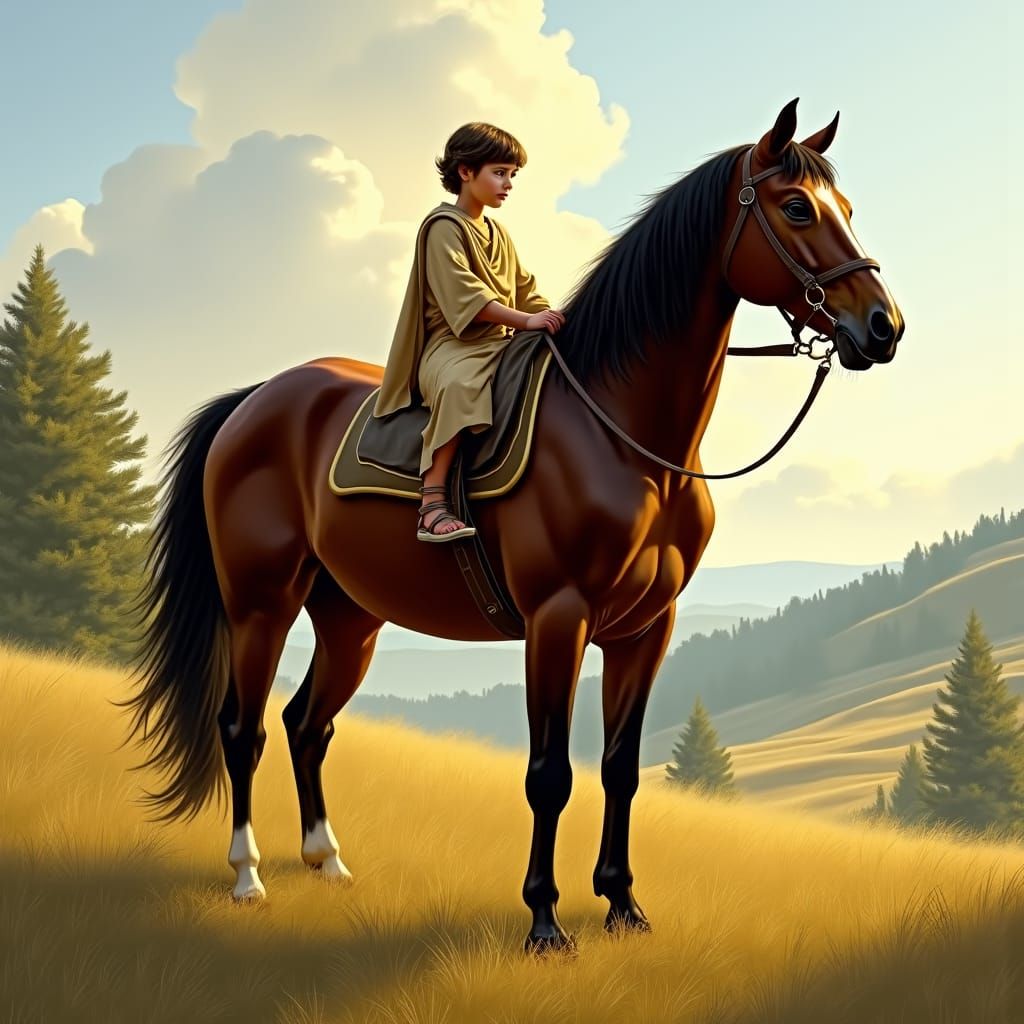Child and Horse in Meadow, Classical Painting Style