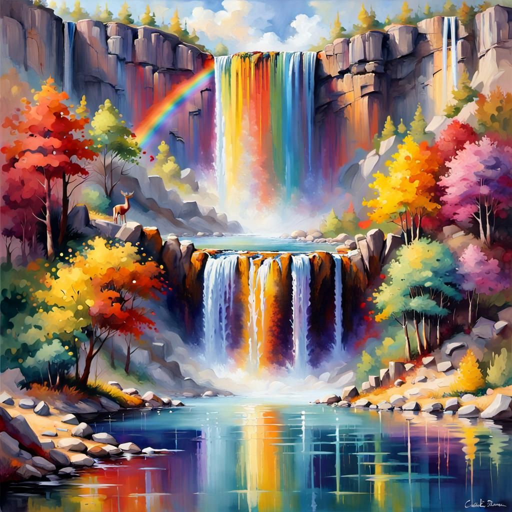 Rainbow Waterfall with Deer, Impressionistic Style
