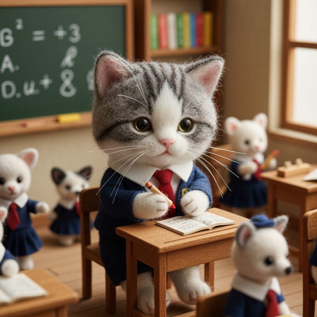 Felted Kitten Attending School in a Detailed Classroom