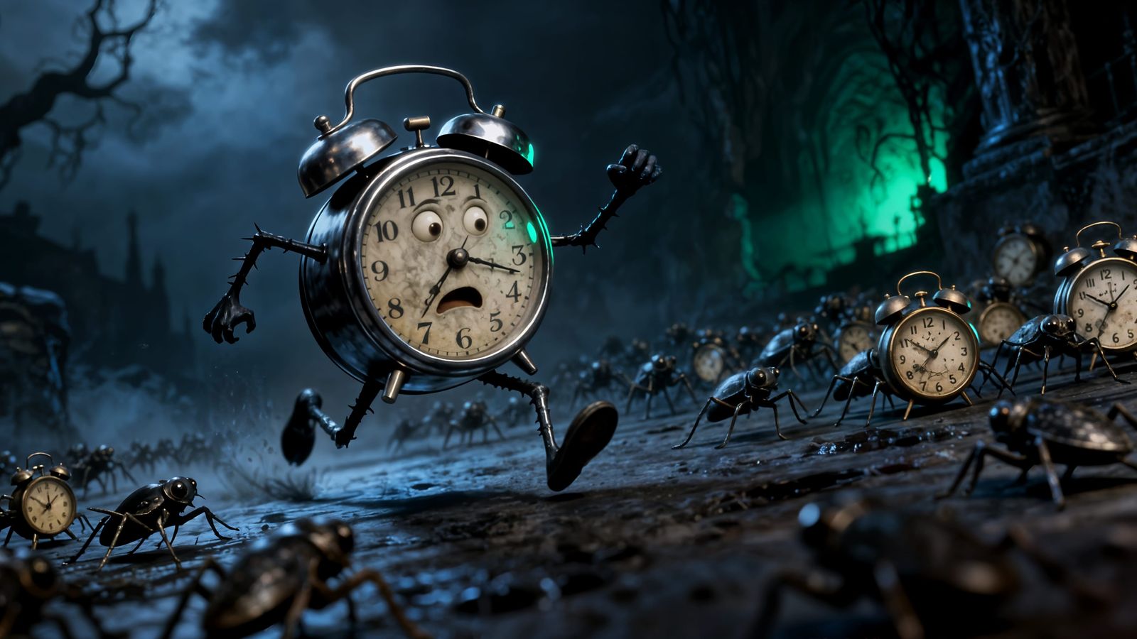 Gothic Alarm Clock Flees Tiny Clocks in 3D Masterpiece