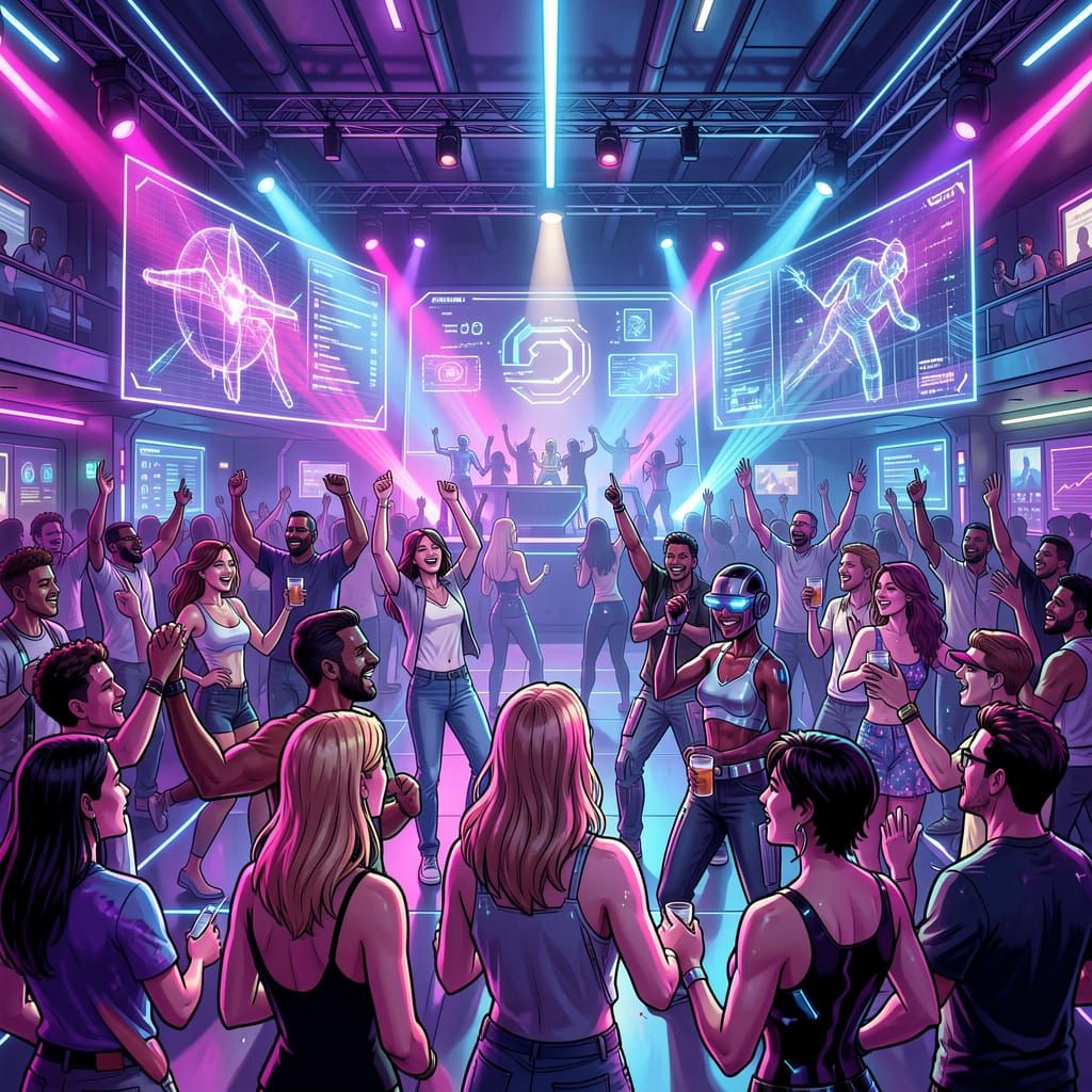 Futuristic Nightclub Scene with Diverse Dancers in Neon Ligh...