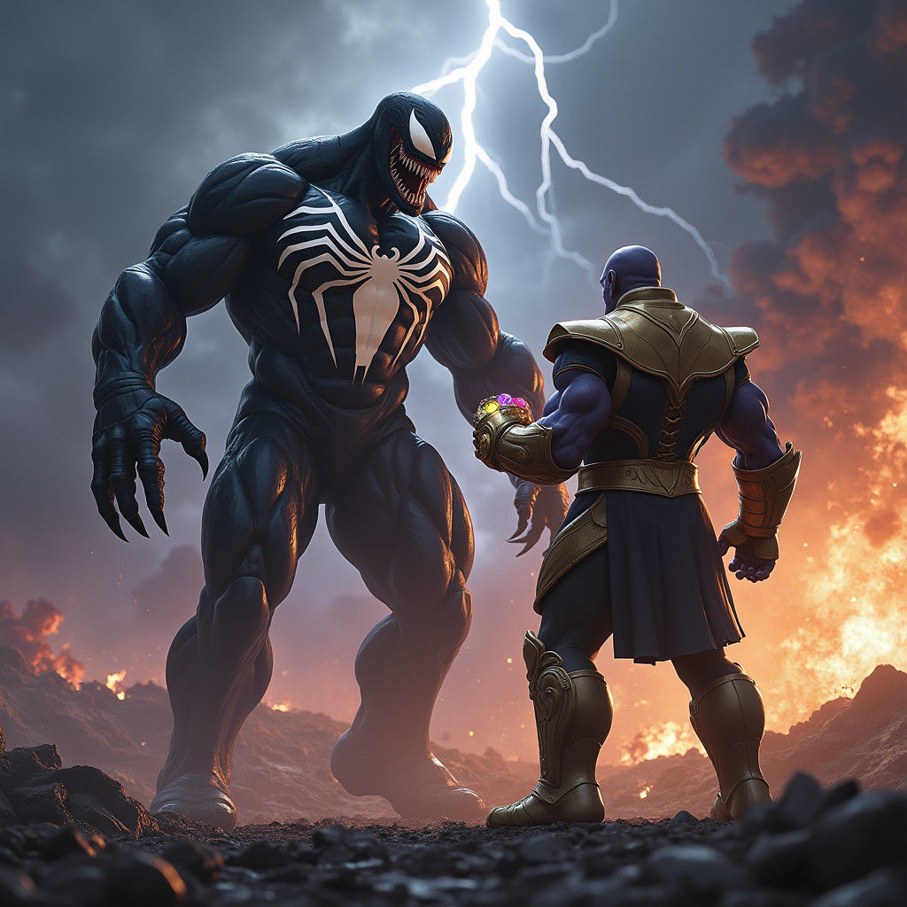 Venom vs Thanos: Apocalyptic Showdown in Dark Fantasy Style