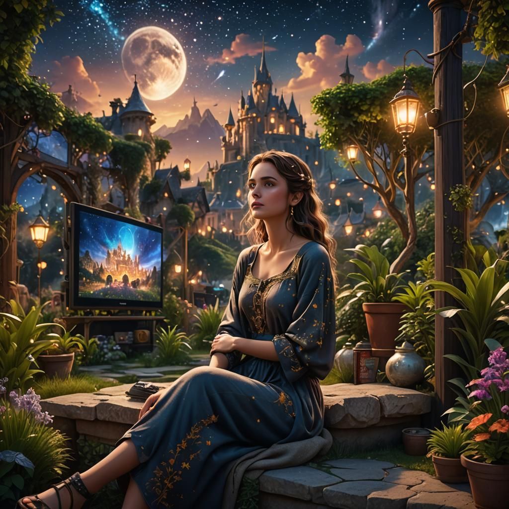 Girl Watching Movie Under Stars: Fantasy Concept Art