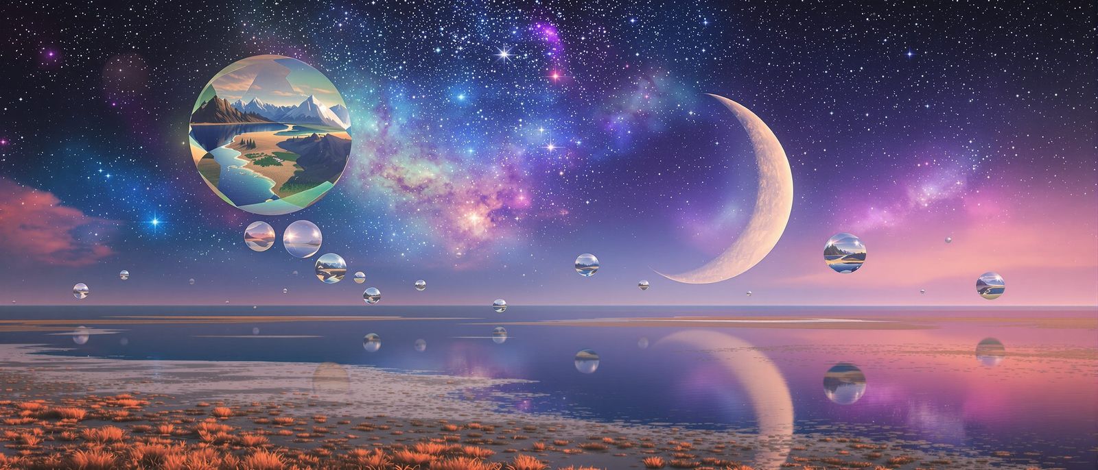 Dreamlike Landscape with Floating Spheres and Crescent Moon