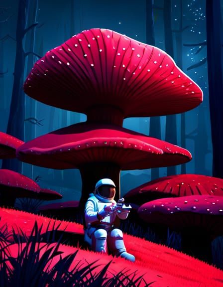 Astronaut on Giant Mushroom in Fungal Forest