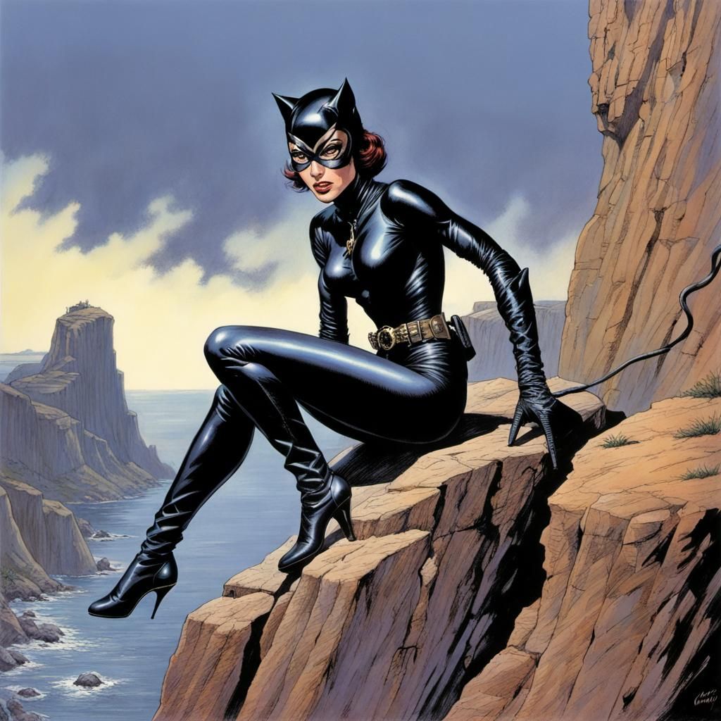 Catwoman Climbs Cliffs in Fantasy Art Style