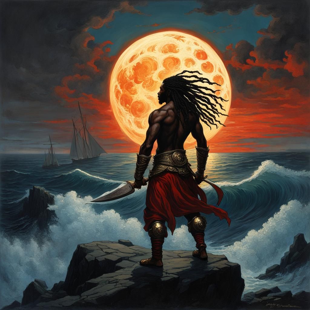 Fiery Genasi at Ocean's Edge: A Gothic Horror