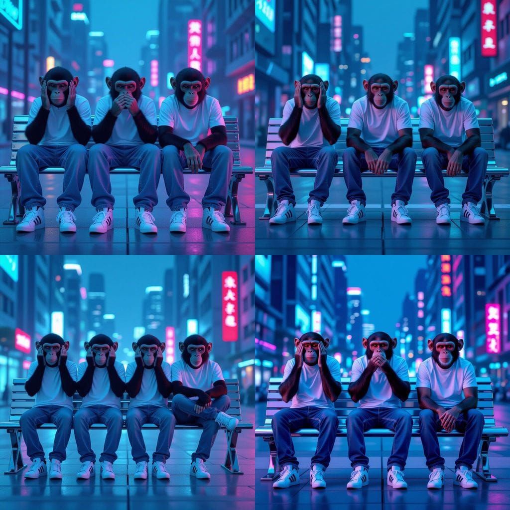 Four Wise Monkeys in Futuristic Cityscape