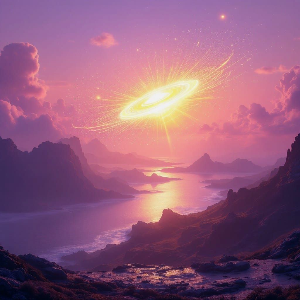 Ethereal Golden Spaceship Soars Over Dusk Coastline