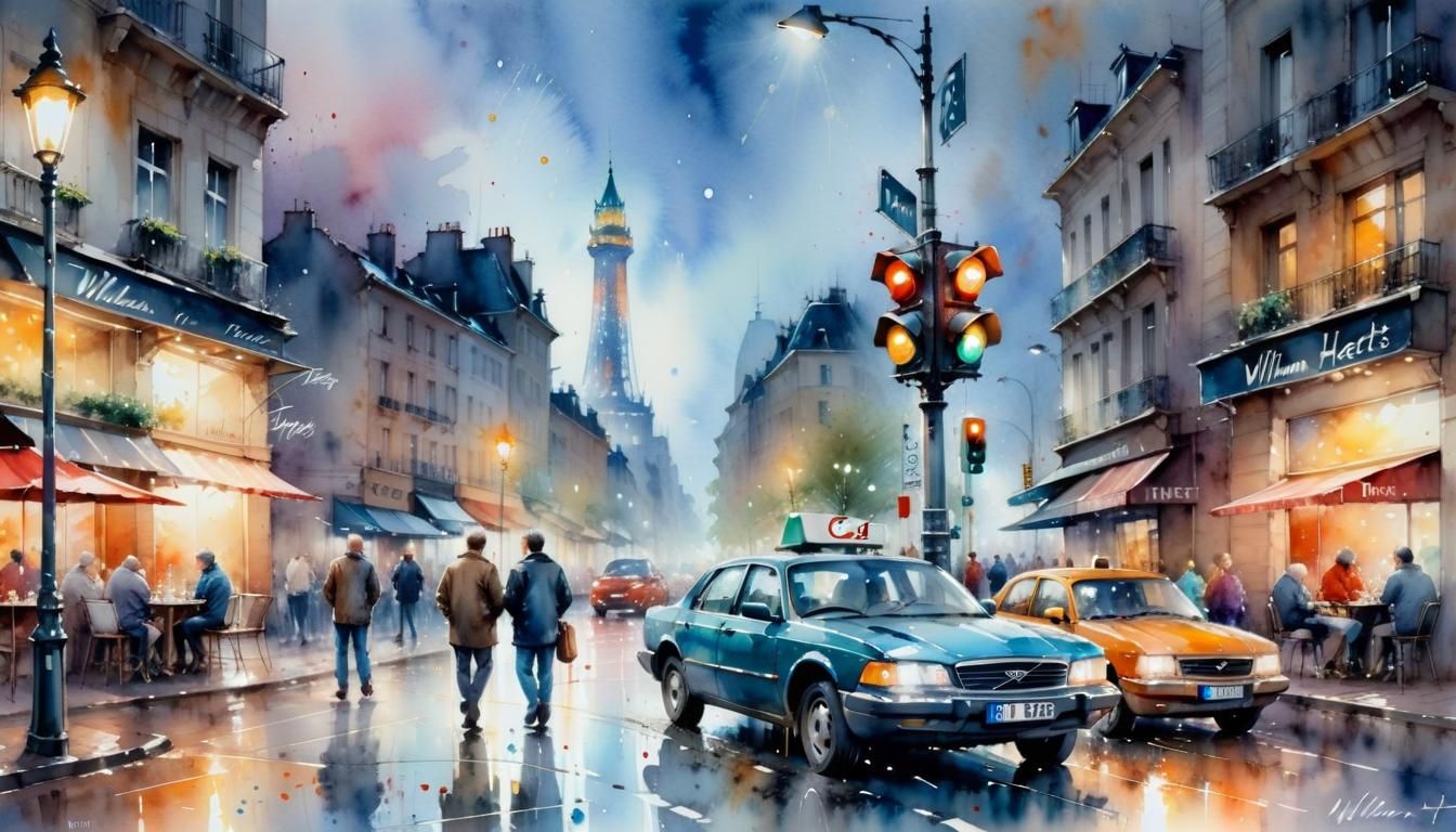 Night Cityscape Watercolor by Willem Haenraets
