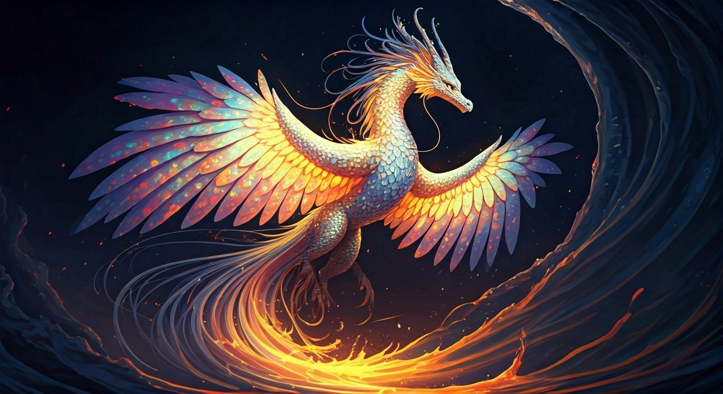 Mystical Phoenix-Dragon Hybrid in Surreal Dreamscape