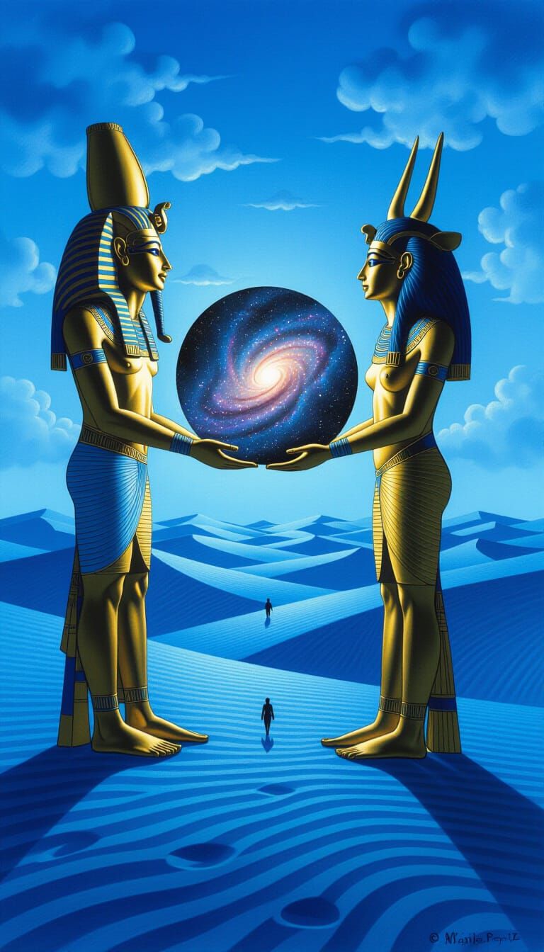 Ancient Egyptian Statues in Surreal Blue Desert, Charcoal Dr...