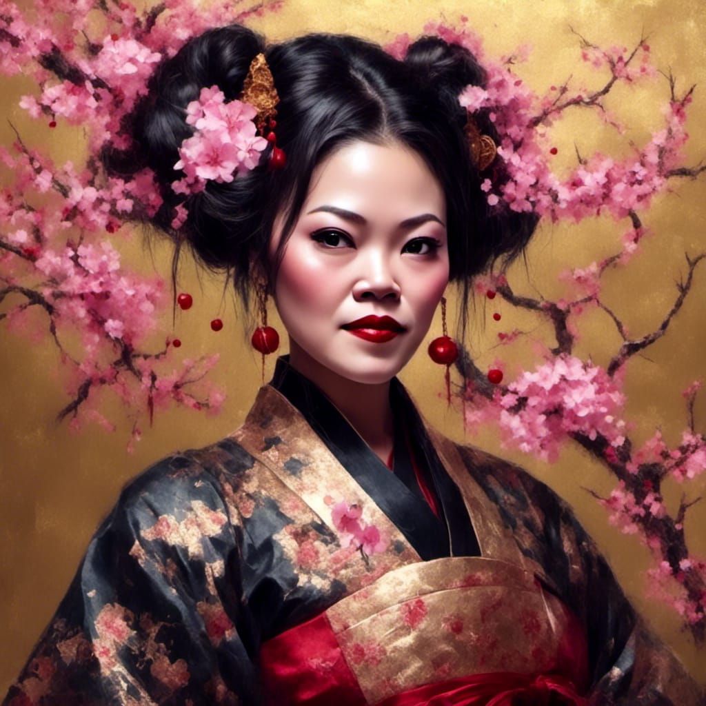 Gothic Geisha with Cherry Blossoms in Dark Fantasy Style