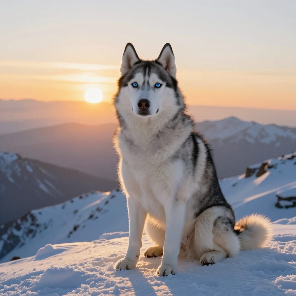 Majestic Husky on Snowy Peak at Sunrise