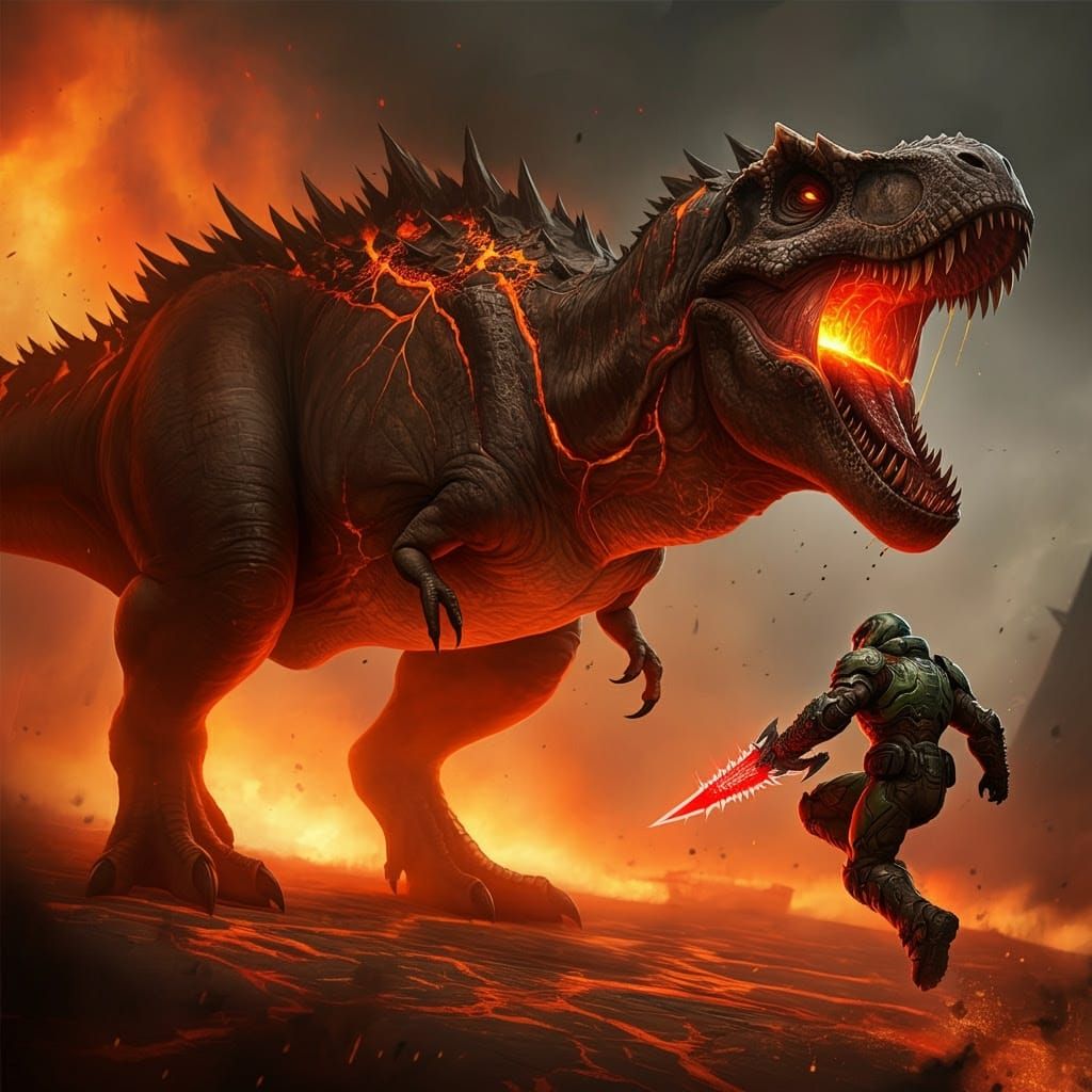 Demonic Tyrannosaurus Rex vs. Doom Slayer in Hell