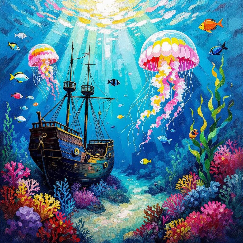 Vibrant Underwater Shipwreck with Jellyfish in Impasto Style