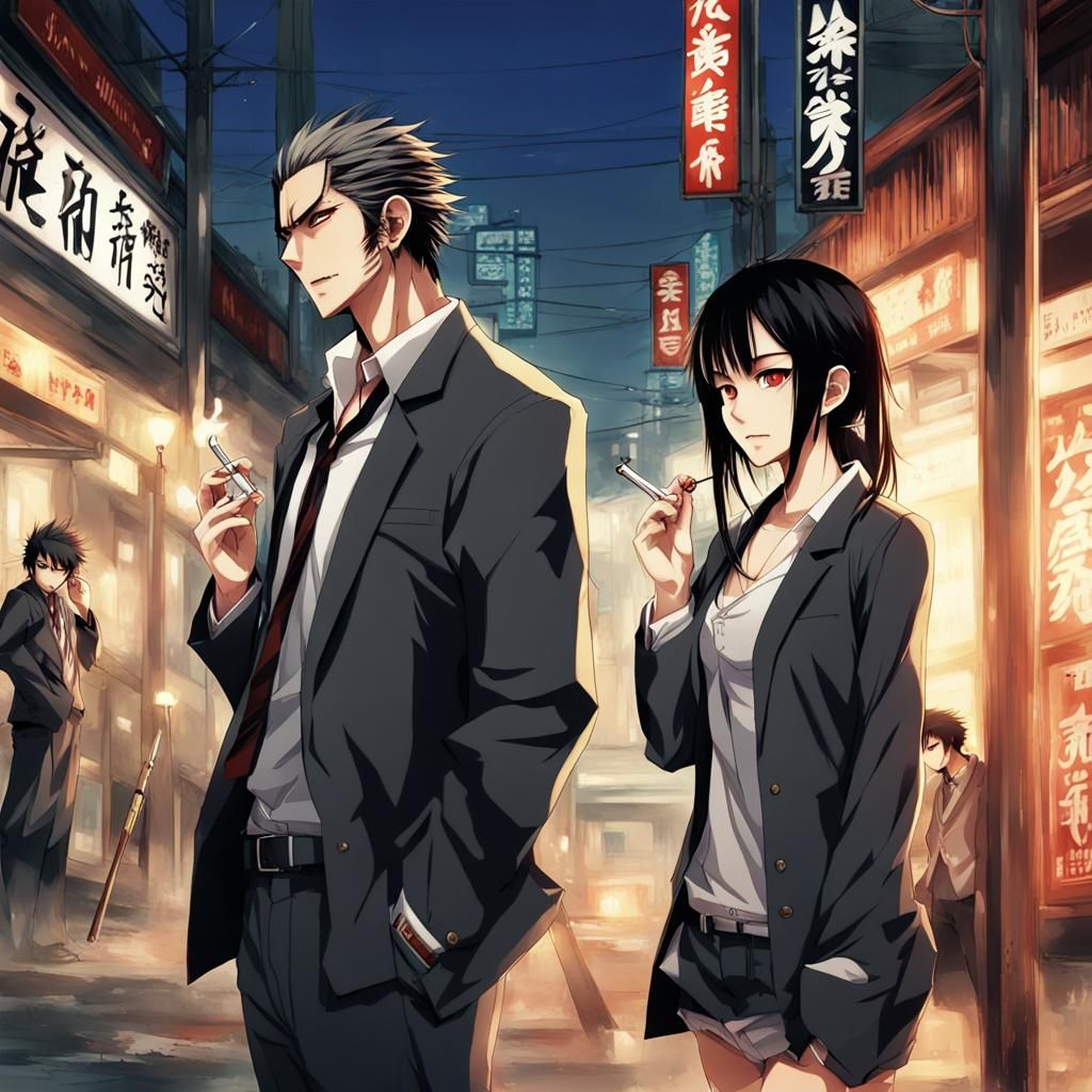 Anime Yakuza Couple Smoking in Town