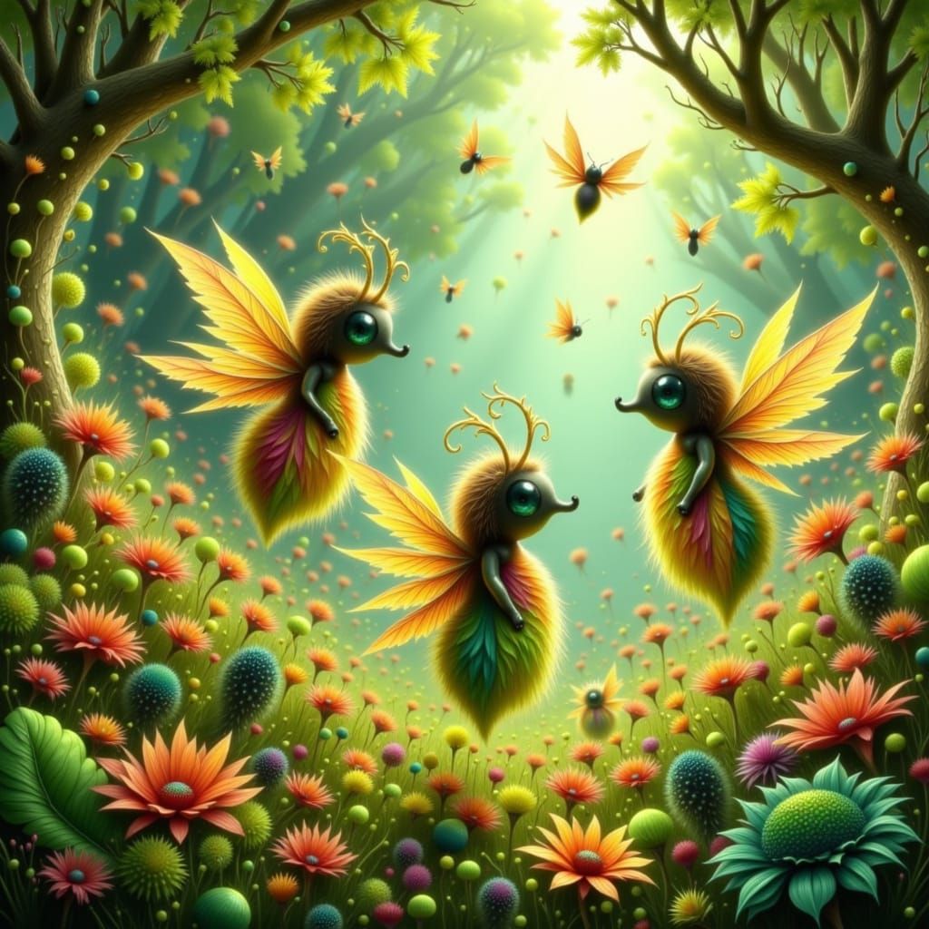 Fairies Riding Beetles in Sunlit Meadow