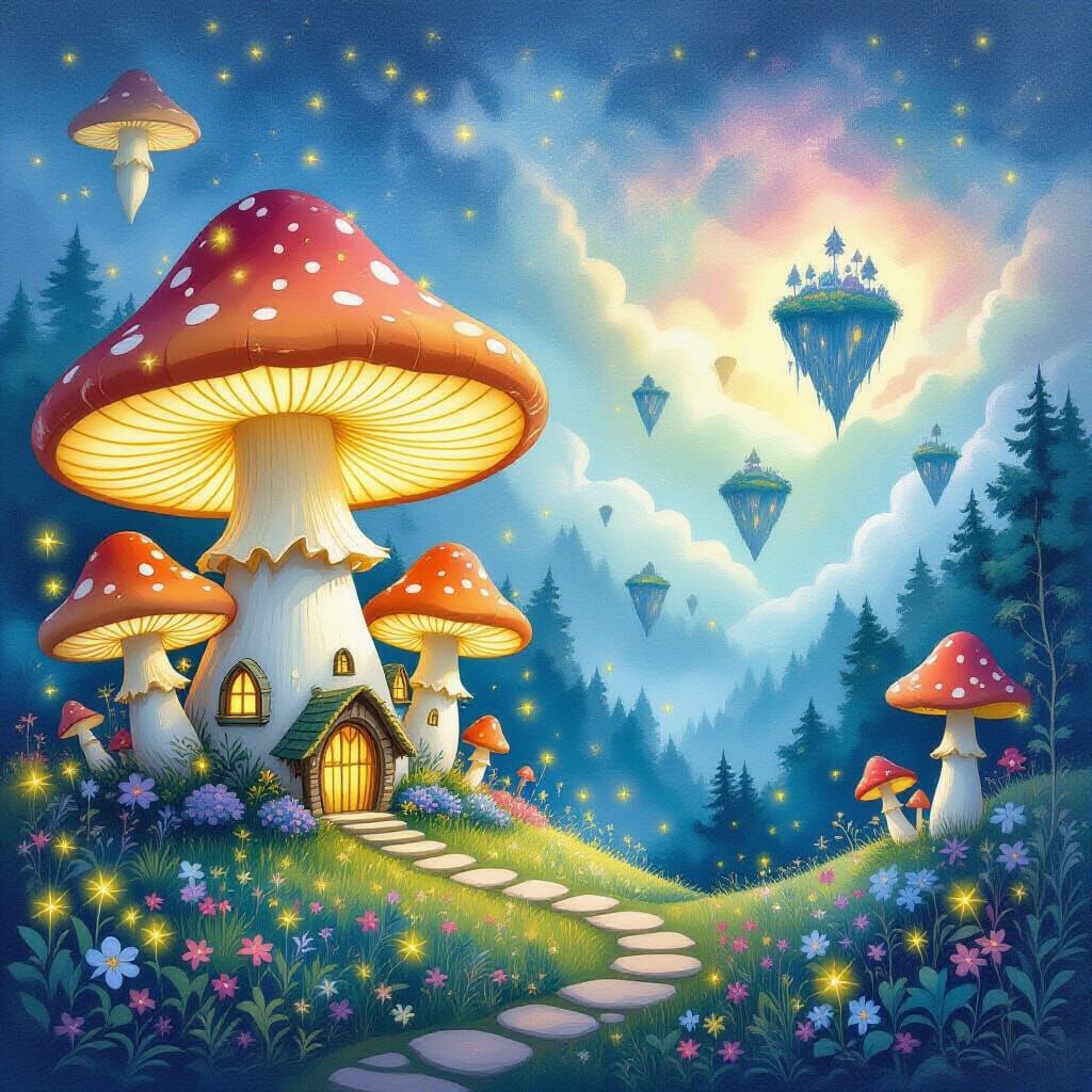 Glowing Mushroom Fairy Village Gouache Painting