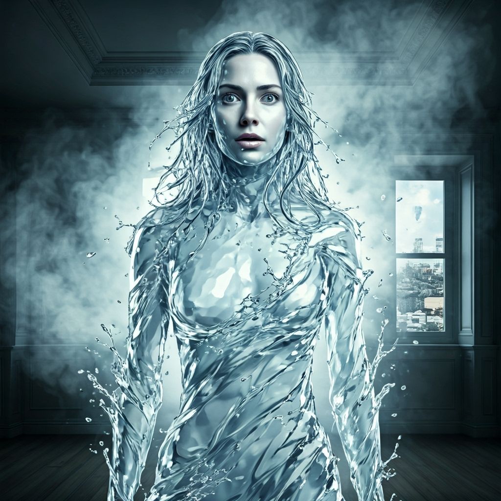 Shocked Woman of Water Crystals in Smoky Room