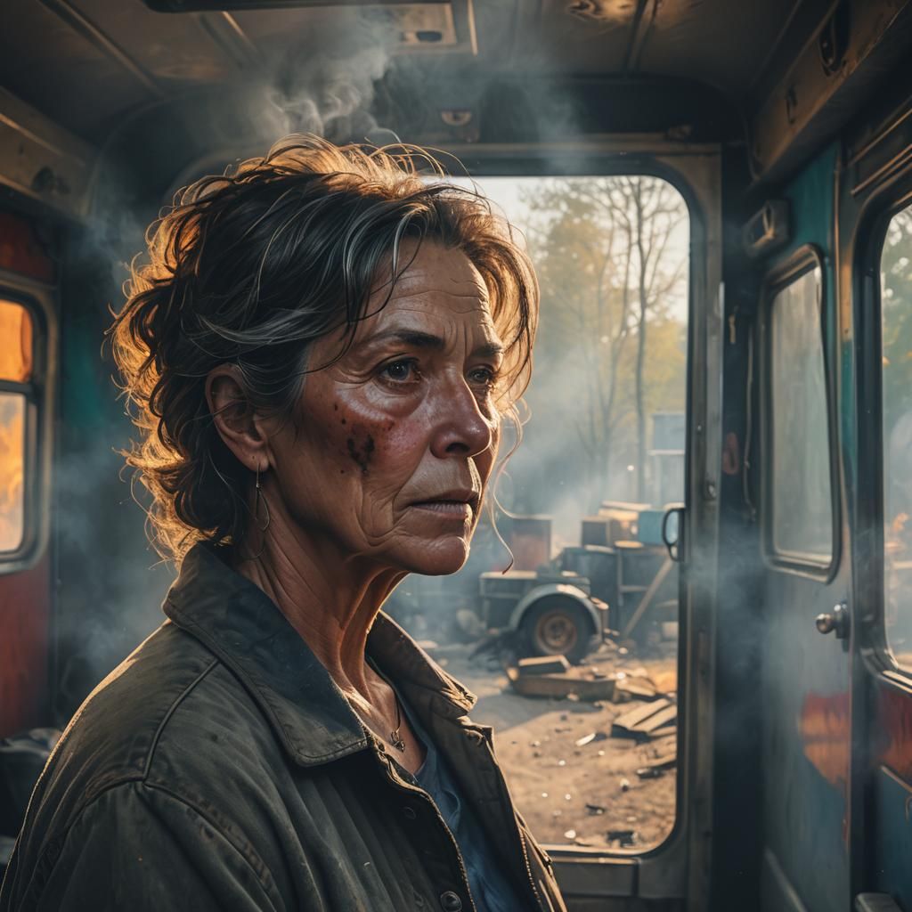 Hyperrealistic Portrait: Woman in Empty Trailer