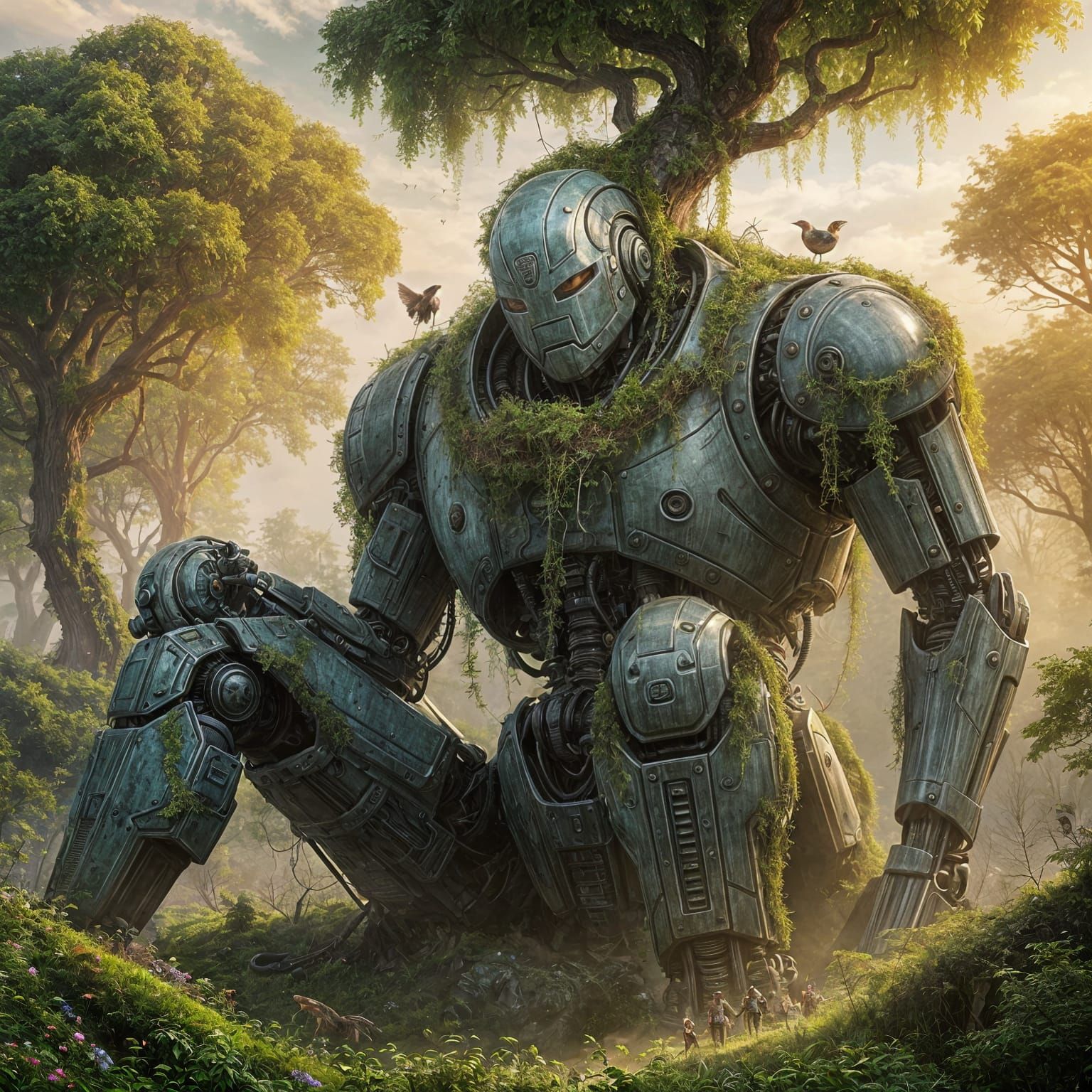 Moss-Covered Robot in Golden Forest Light