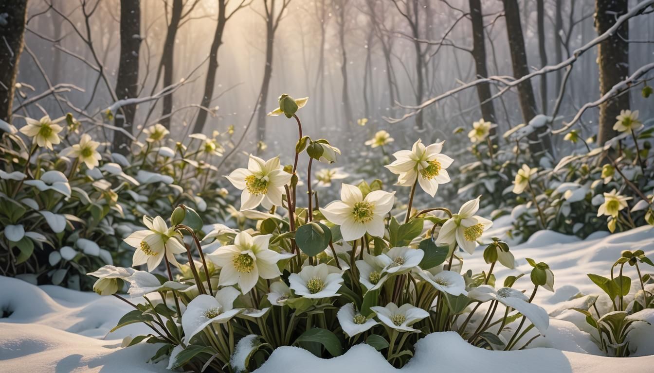 Hellebore Flowers Emerge During Blizzard, Impressionistic St...