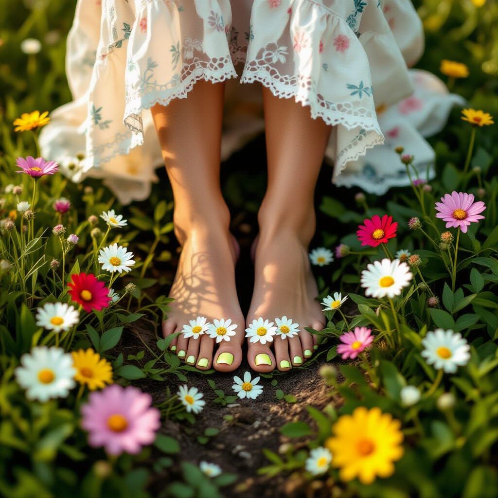 Flowery Feet on Blooming Ground: Cinematic Film Still