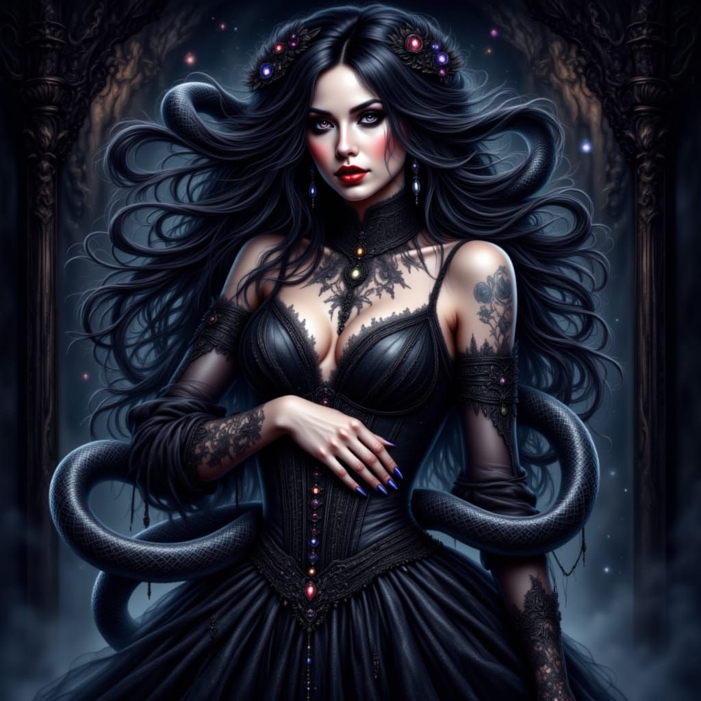 Gothic Fantasy Woman with Python in Lee Bogle Style
