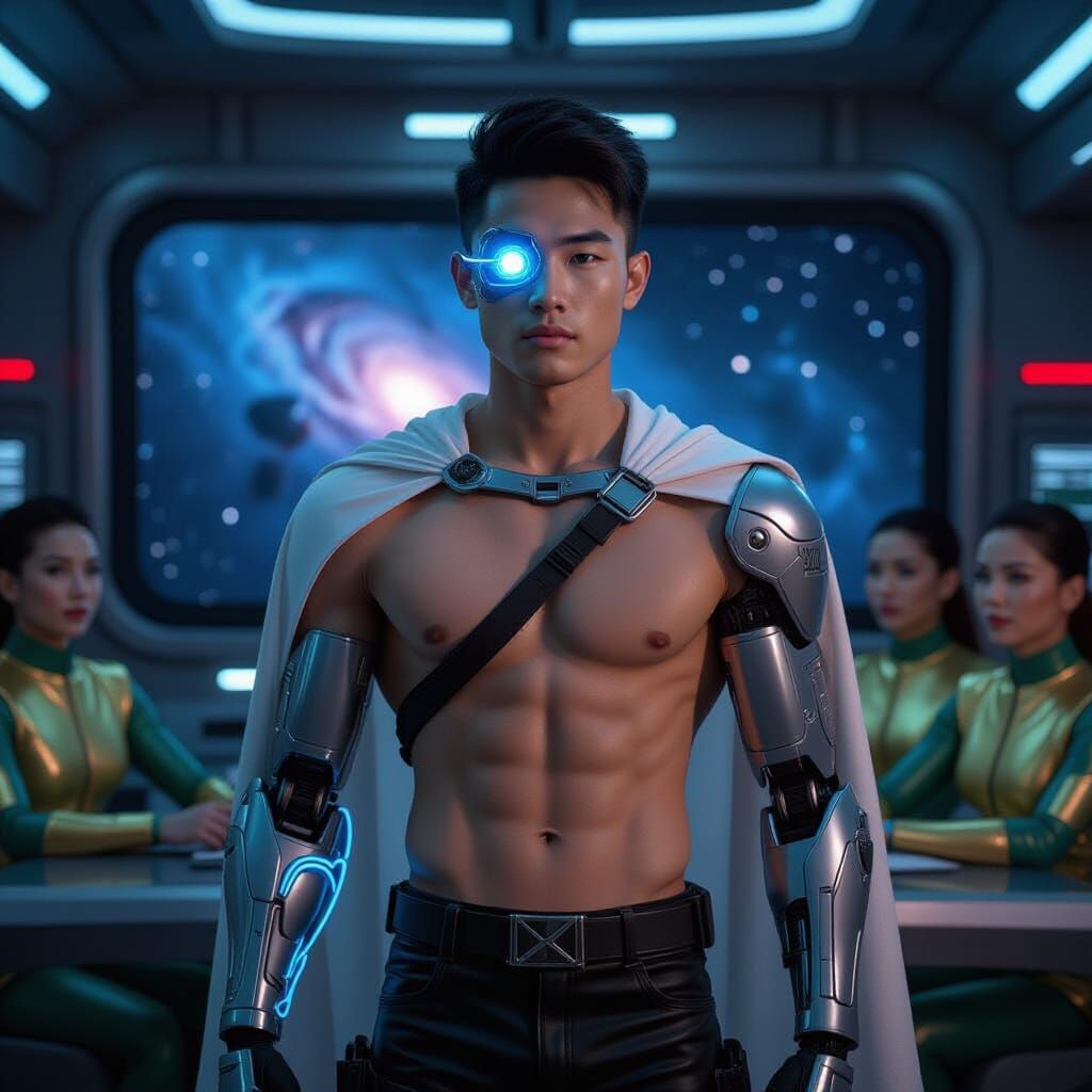 Cybernetic Captain on Spaceship Bridge